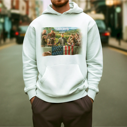 White hoodie with bold Far Cry 5 print and soft edge fade-out for clean, fashionable gamer wear – Λευκό hoodie με έντονο print Far Cry 5 και μαλακό fade-out στις άκρες για καθαρό, μοντέρνο gamer style