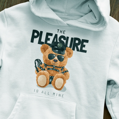 White hoodie with bold teddy bear in leather harness and glasses – Λευκό hoodie με αρκουδάκι σε leather look και γυαλιά.