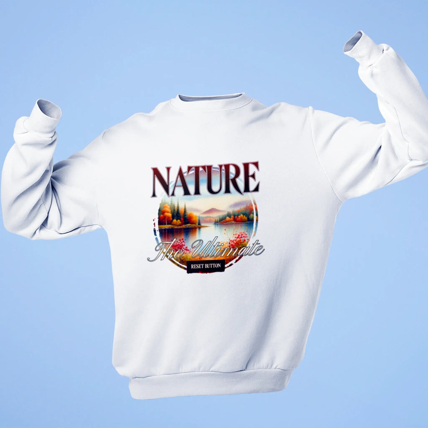 White hoodie with calming forest and mountain art – λευκή φούτερ κουκούλα με ήρεμο σχέδιο δάσους και βουνού