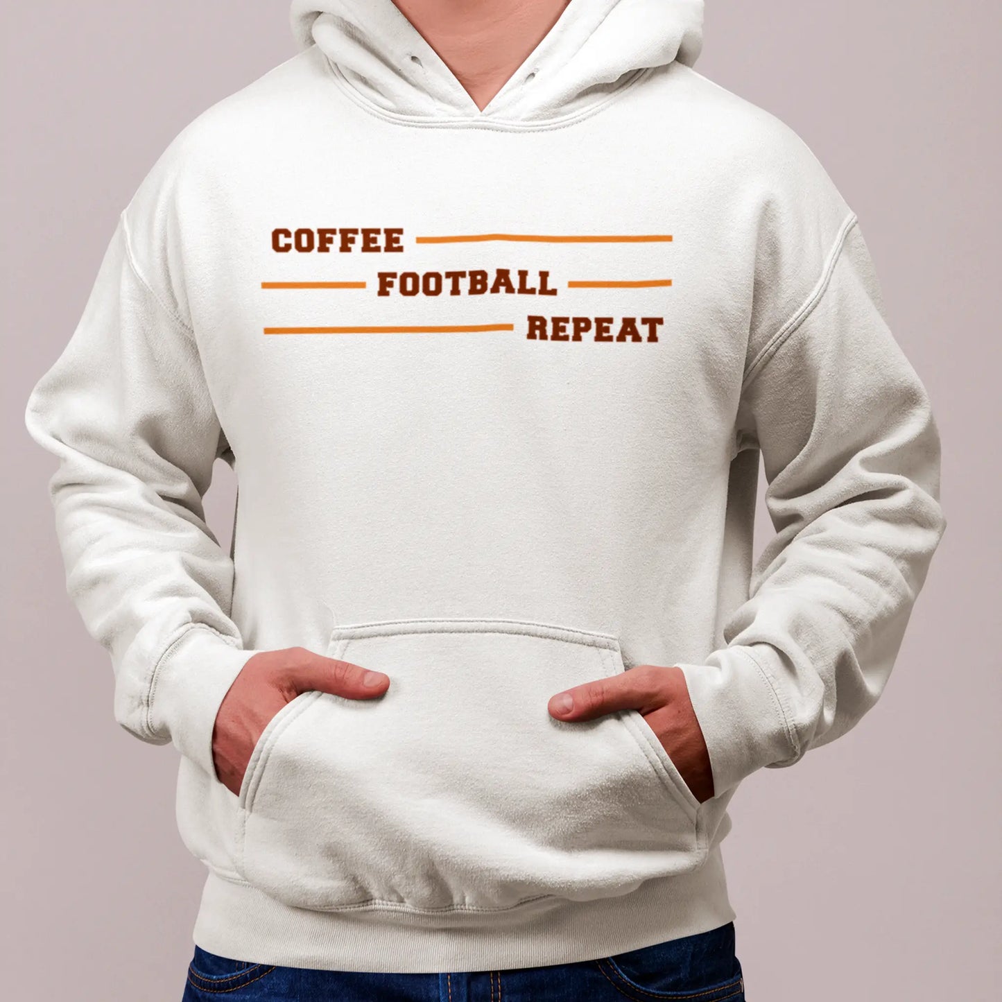 White hoodie with centered brown "Coffee Football Repeat" quote – Λευκό hoodie με κεντρική καφέ φράση "Coffee Football Repeat
