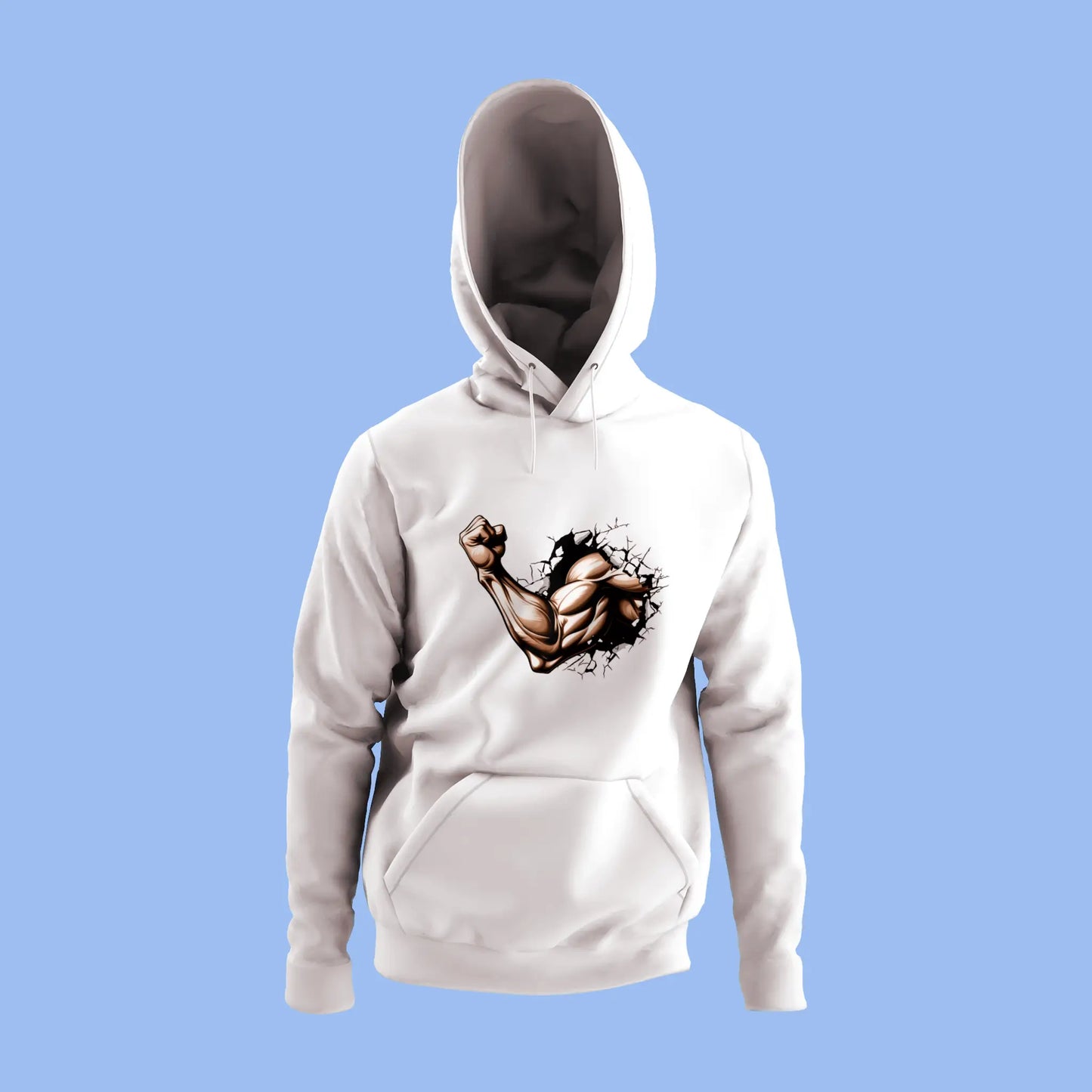 White hoodie with cracked wall and powerful gym beast energy – Λευκό hoodie με ραγισμένο τοίχο και ενέργεια γυμναστηριακού θηρίου.