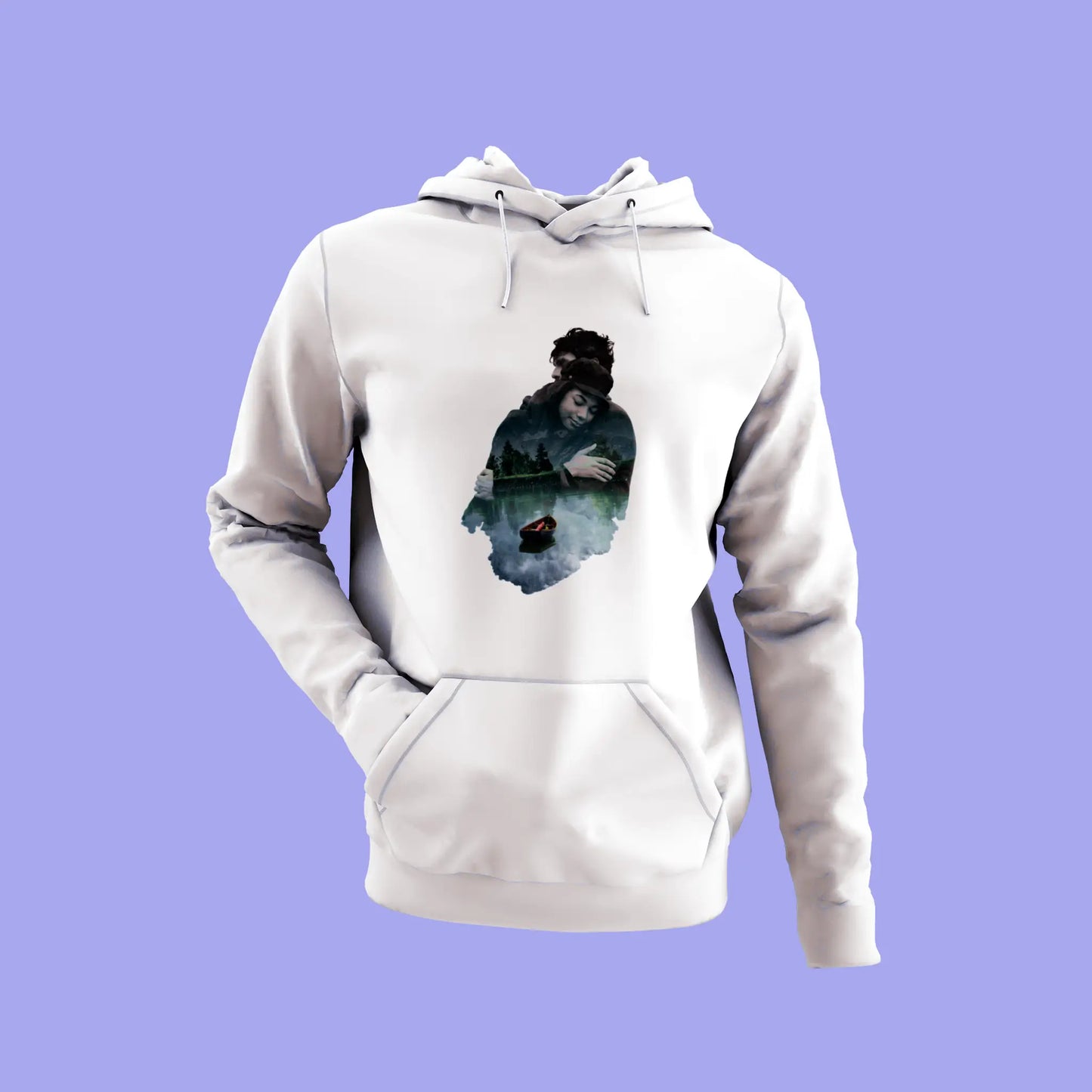 White hoodie with dreamy embrace artwork symbolizing pure romance – Λευκό hoodie με ονειρική αγκαλιά που συμβολίζει αγνό ρομαντισμό.