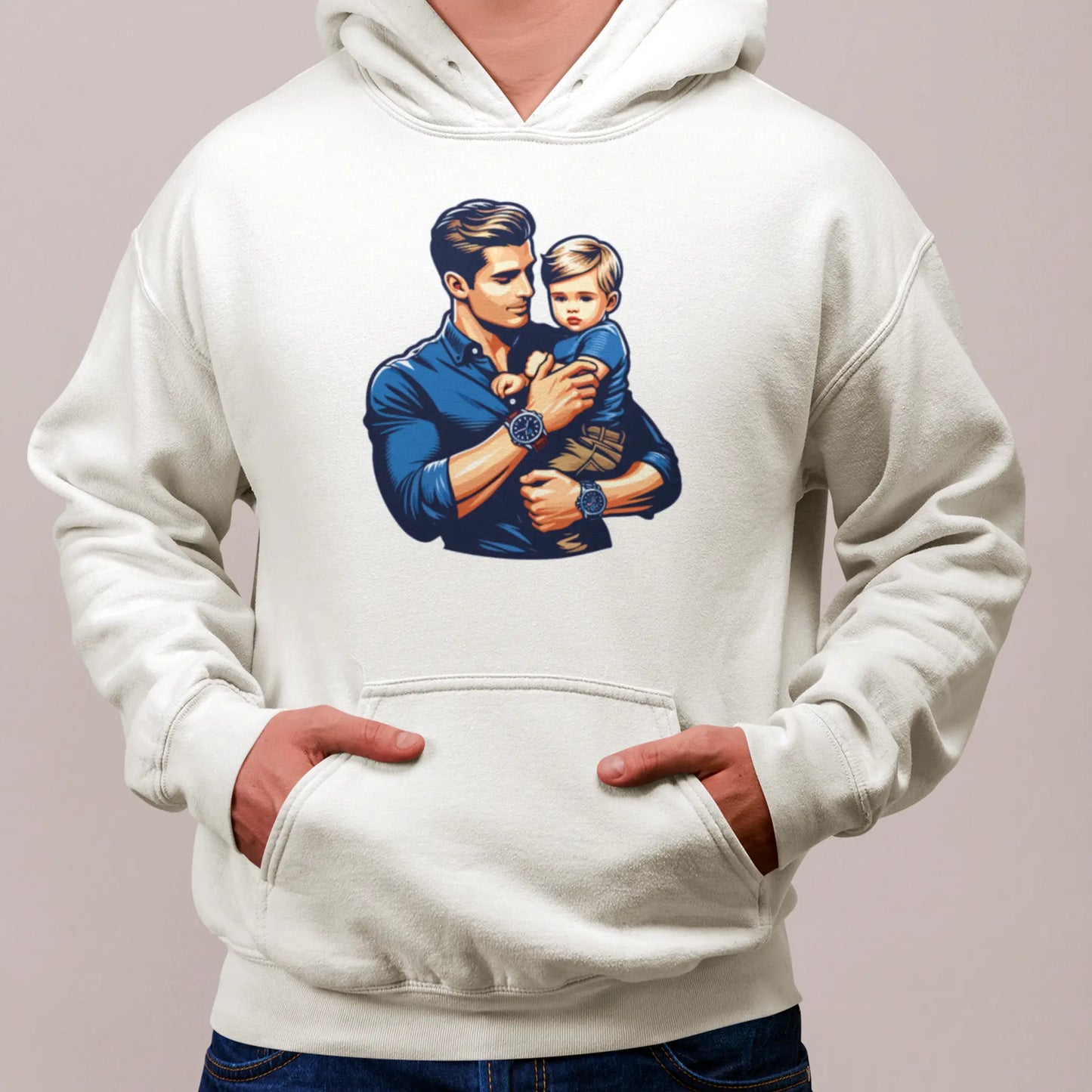White hoodie with elegant father and son artwork – Λευκή κουκούλα με κομψή απεικόνιση πατέρα και γιου