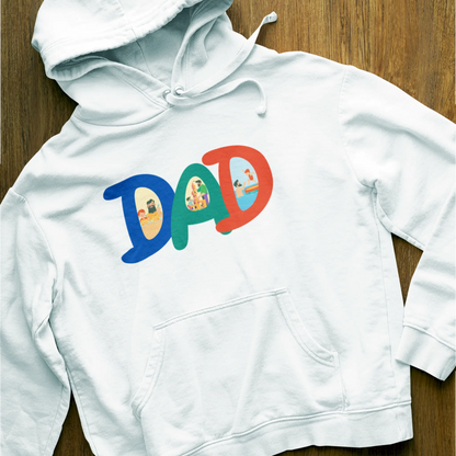 White hoodie with heartwarming dad and kids graphic | Λευκό hoodie με συγκινητική εικονογράφηση μπαμπά και παιδιών