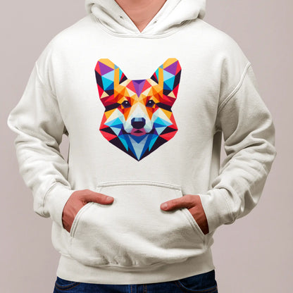White hoodie with joyful and colorful Corgi face – Λευκό hoodie με φωτεινό Corgi και ζωντανό χαρακτήρα.