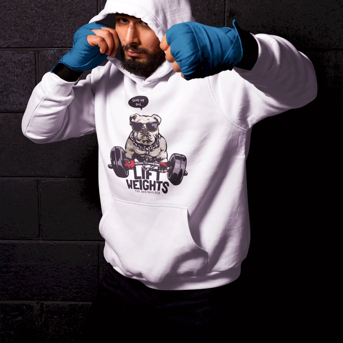 White hoodie with lifting bulldog graphic – Λευκό hoodie για αυτούς που σηκώνουν στα σοβαρά