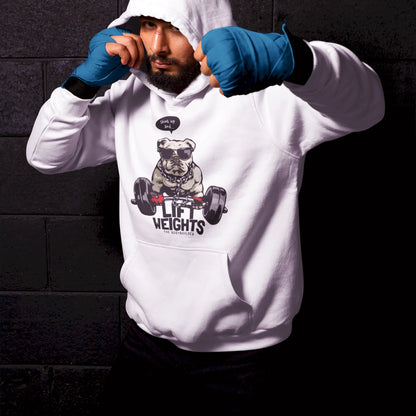 White hoodie with lifting bulldog graphic – Λευκό hoodie για αυτούς που σηκώνουν στα σοβαρά