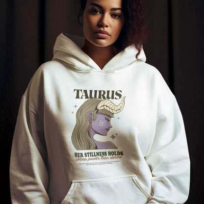 White hoodie with serene Taurus woman design, blending elegance with zodiac symbolism – Λευκή κουκούλα με ήρεμη Ταυρίνα που συνδυάζει κομψότητα και ζωδιακό συμβολισμό.