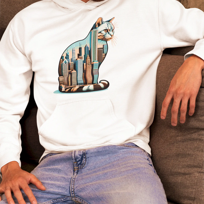 White hoodie with surreal urban cat print – Λευκό hoodie με σουρεαλιστικό design γάτας και πόλης