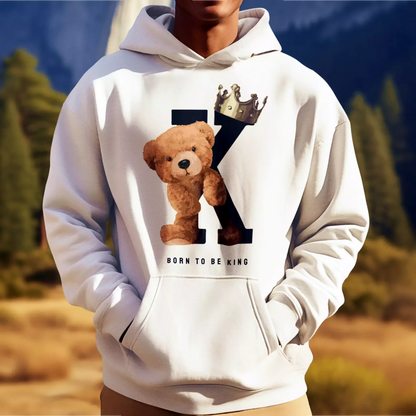 White hoodie with teddy bear crowned king and bold letter K – Λευκό hoodie με αρκούδι που φορά κορώνα και γράμμα K