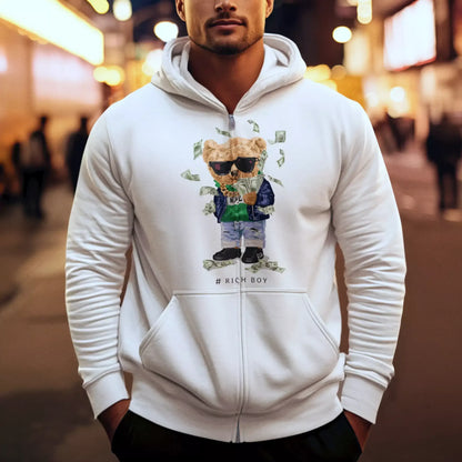 White hoodie with teddy bear in shades holding a money gun, perfect for standout urban wear – Λευκό hoodie με αρκουδάκι που φορά γυαλιά και κρατά money gun, ιδανικό για urban εμφανίσεις
