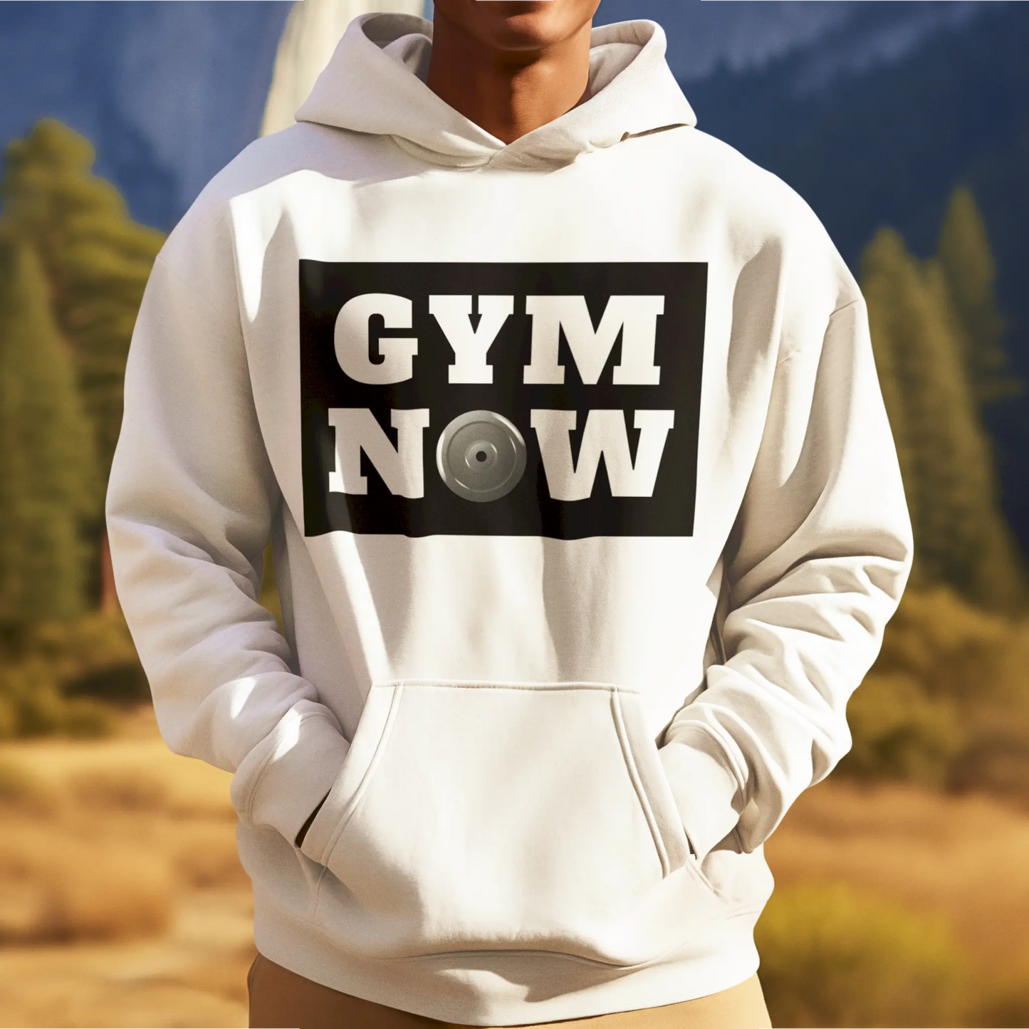 White hoodie with white Gym Now lettering and a powerful emblem replacing the O – Λευκό hoodie με λευκά γράμματα Gym Now και δυνατό έμβλημα στη θέση του O