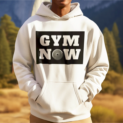 White hoodie with white Gym Now lettering and a powerful emblem replacing the O – Λευκό hoodie με λευκά γράμματα Gym Now και δυνατό έμβλημα στη θέση του O