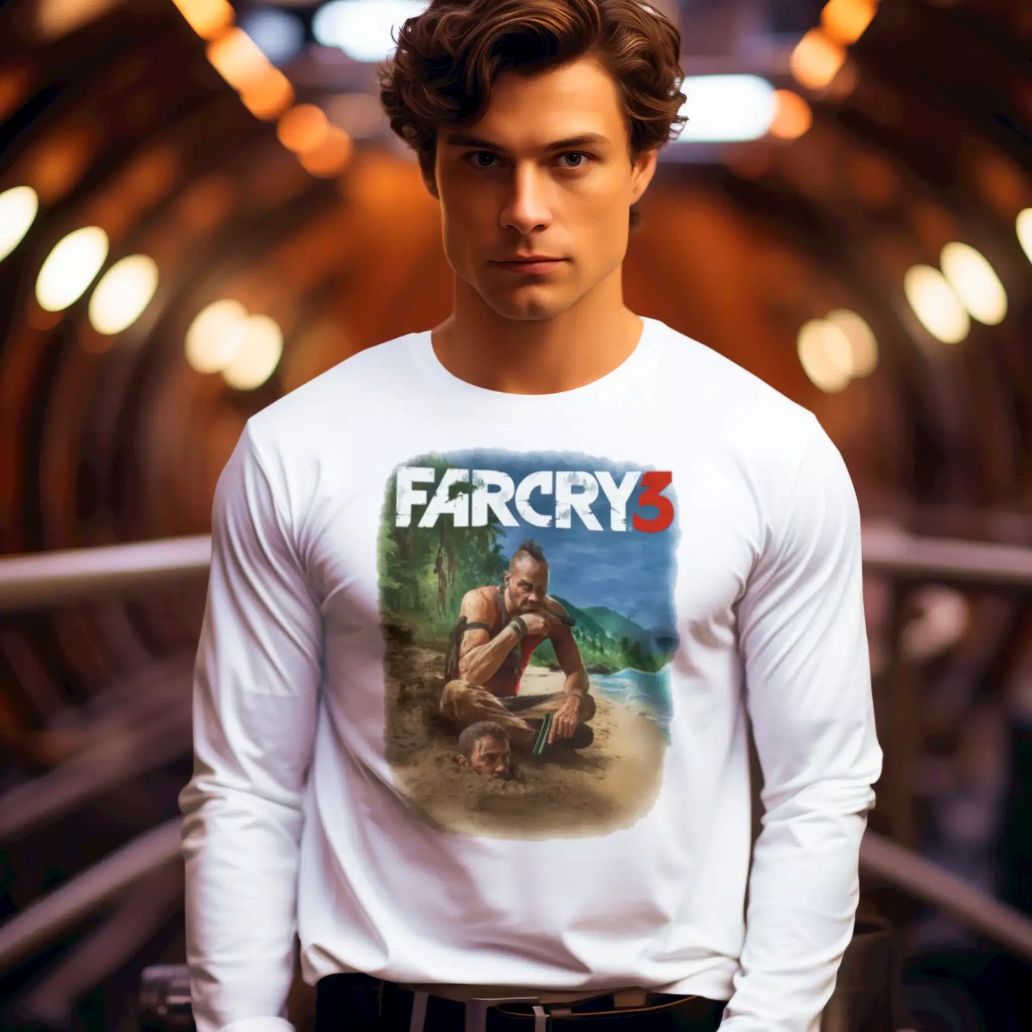 White long-sleeve shirt with aggressive scene print and immersive vibe from Far Cry universe – Λευκό μακρυμάνικο μπλουζάκι με επιθετικό print σκηνής και καθηλωτικό vibe από το σύμπαν του Far Cry