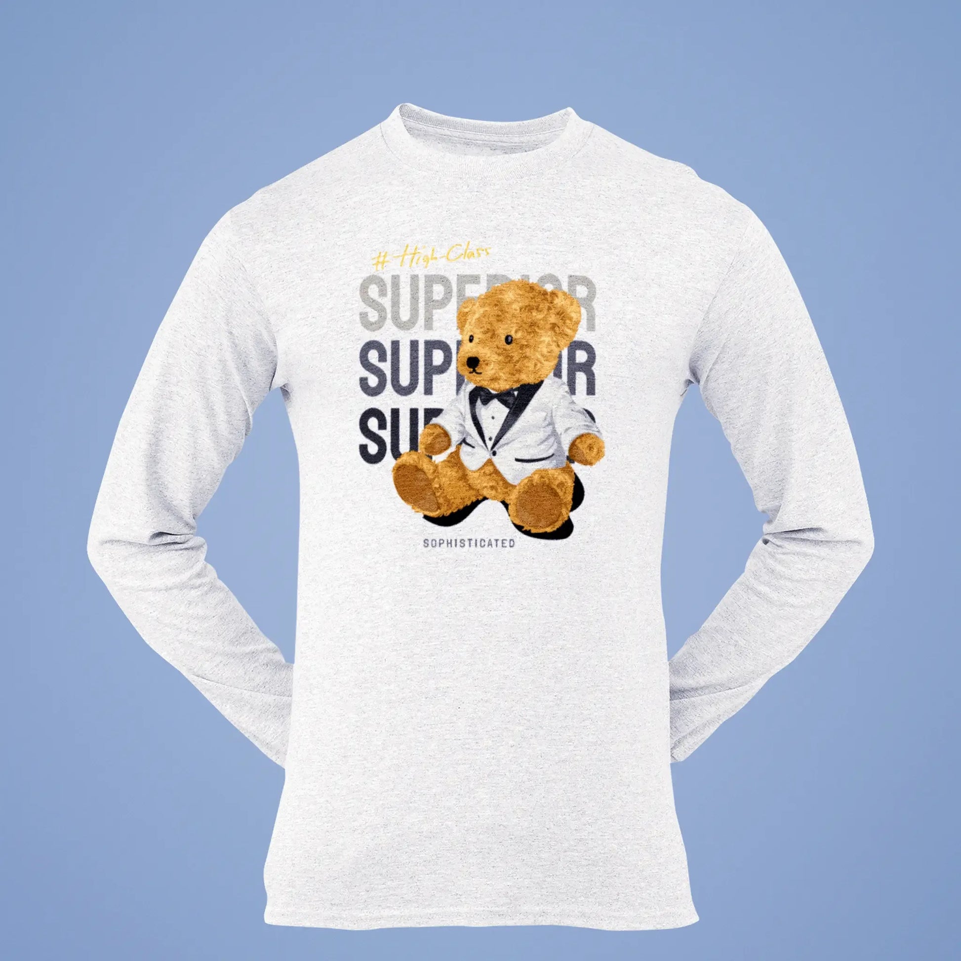 White long-sleeve tee featuring a refined teddy bear in formal wear – Λευκή μακρυμάνικη μπλούζα με εκλεπτυσμένο αρκουδάκι σε επίσημο ντύσιμο