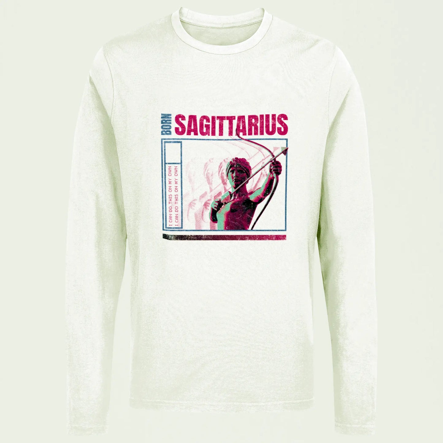 White long sleeve Sagittarius top with contrasting typography about archer's innate freedom and optimism / Λευκό μακρυμάνικο Τοξότη με αντίθεση τυπογραφίας για την έμφυτη ελευθερία και αισιοδοξία του τοξότη