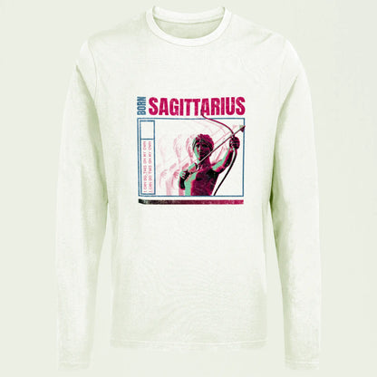 White long sleeve Sagittarius top with contrasting typography about archer's innate freedom and optimism / Λευκό μακρυμάνικο Τοξότη με αντίθεση τυπογραφίας για την έμφυτη ελευθερία και αισιοδοξία του τοξότη