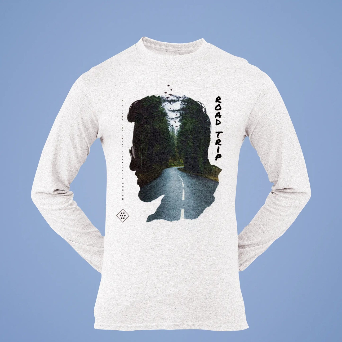 White long sleeve double exposure shirt με nature design - λευκή μακρυμάνικη μπλούζα με φύση για forest lovers και wilderness fans