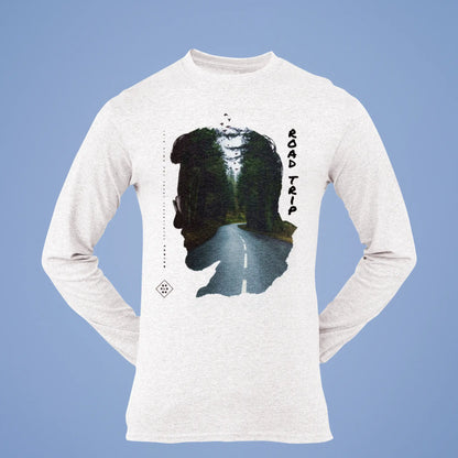 White long sleeve double exposure shirt με nature design - λευκή μακρυμάνικη μπλούζα με φύση για forest lovers και wilderness fans