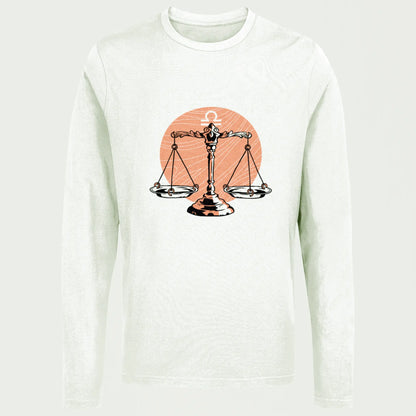 White long sleeve featuring Libra horoscope artwork with stylish scales – Λευκή μακρυμάνικη με σχέδιο Ζυγού και αστρολογικό σύμβολο,