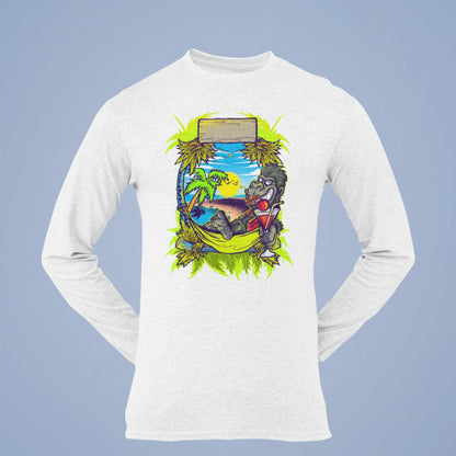 White long sleeve graphic shirt with a prominent street art ape print on the front. — Λευκό μακρυμάνικο graphic shirt με εμφανές τύπωμα πιθήκου σε στυλ street art στο μπροστινό μέρος