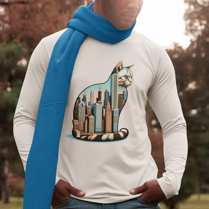 White long sleeve shirt featuring urban cat design – Λευκό μακρυμάνικο μπλουζάκι με μοναδικό skyline print γάτας