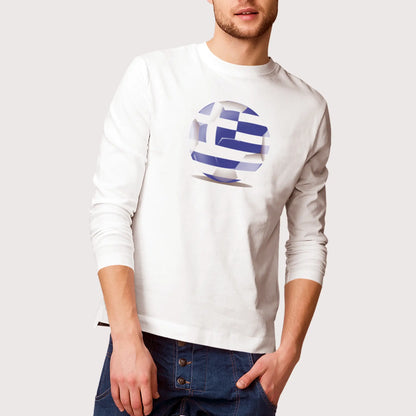 White long sleeve shirt showcasing a Greece-themed football ball – Λευκή μακρυμάνικη μπλούζα με μπάλα ποδοσφαίρου εμπνευσμένη από την Ελλάδα.