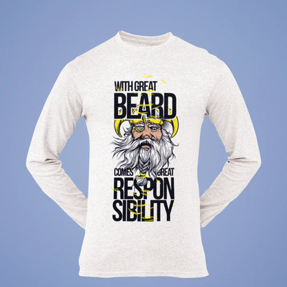 White long sleeve shirt with comic-style Viking and beard – Λευκή μακρυμάνικη μπλούζα με κόμικ σχέδιο βίκινγκ και γενειάδα