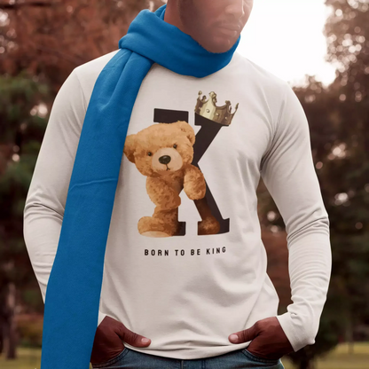 White long sleeve shirt with crowned teddy and capital K illustration – Λευκή μακρυμάνικη μπλούζα με αρκουδάκι με κορώνα και γράμμα K