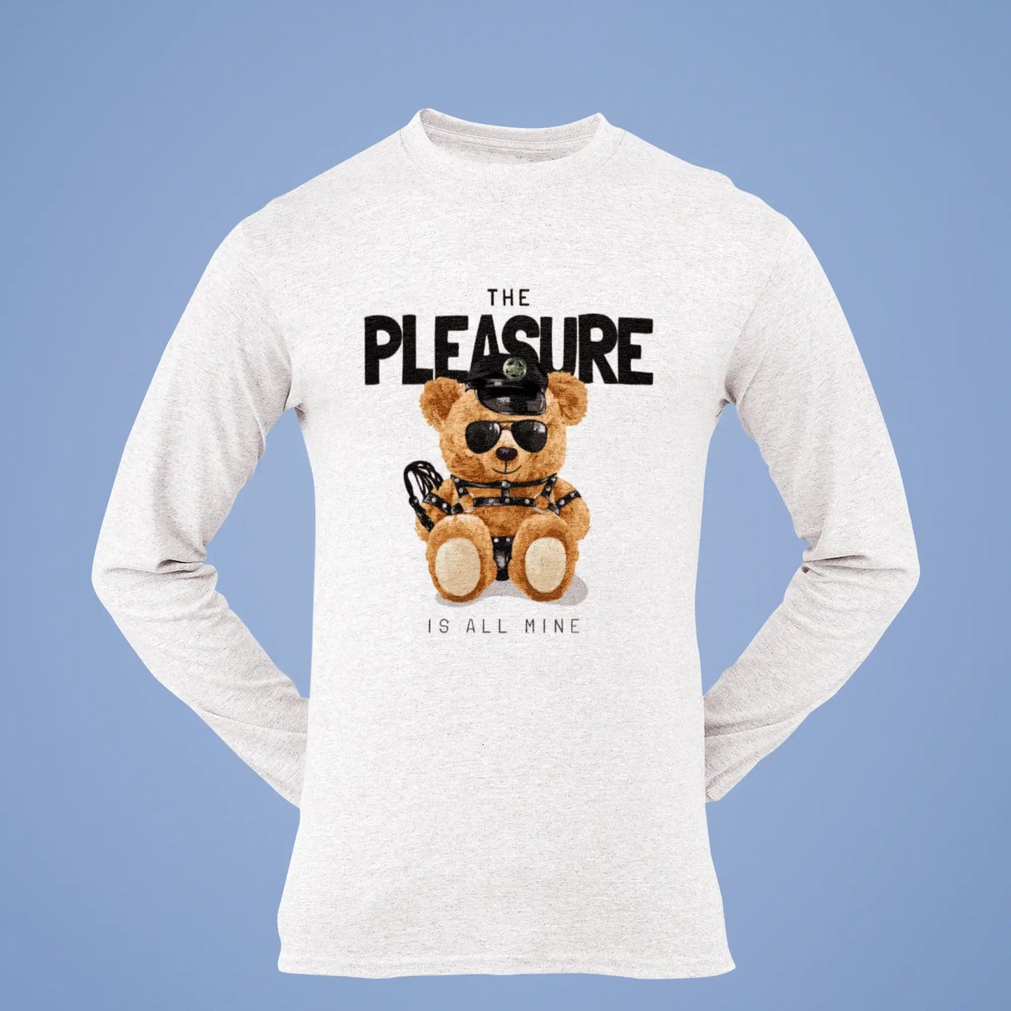 White long sleeve shirt with provocative teddy bear in leather gear – Λευκή μακρυμάνικη με αρκουδάκι σε leather gear.