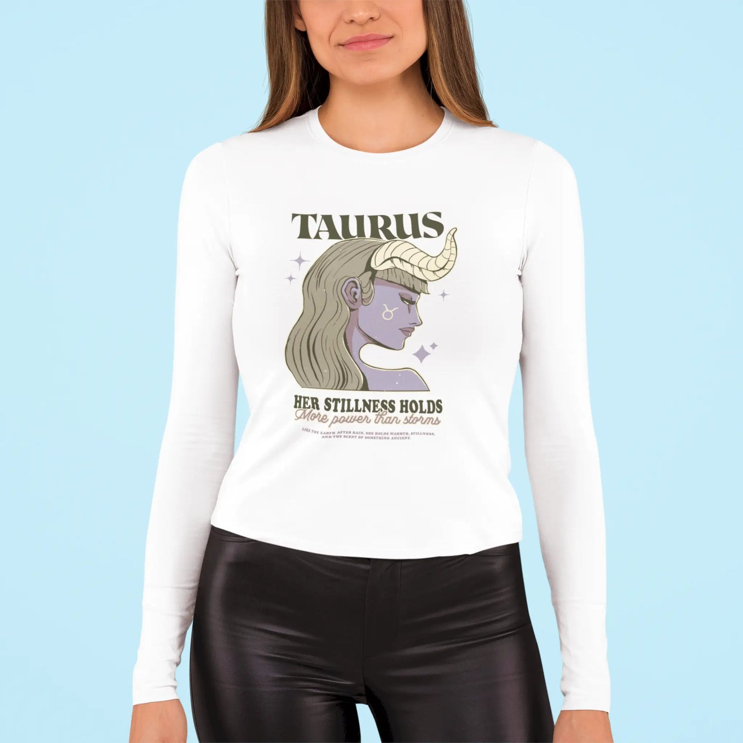 White long sleeve t-shirt with Taurus woman artwork, symbolizing inner peace and resilience – Λευκή μακρυμάνικη μπλούζα με έργο Ταυρίνας που συμβολίζει εσωτερική γαλήνη και ανθεκτικότητα.