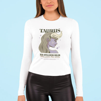 White long sleeve t-shirt with Taurus woman artwork, symbolizing inner peace and resilience – Λευκή μακρυμάνικη μπλούζα με έργο Ταυρίνας που συμβολίζει εσωτερική γαλήνη και ανθεκτικότητα.