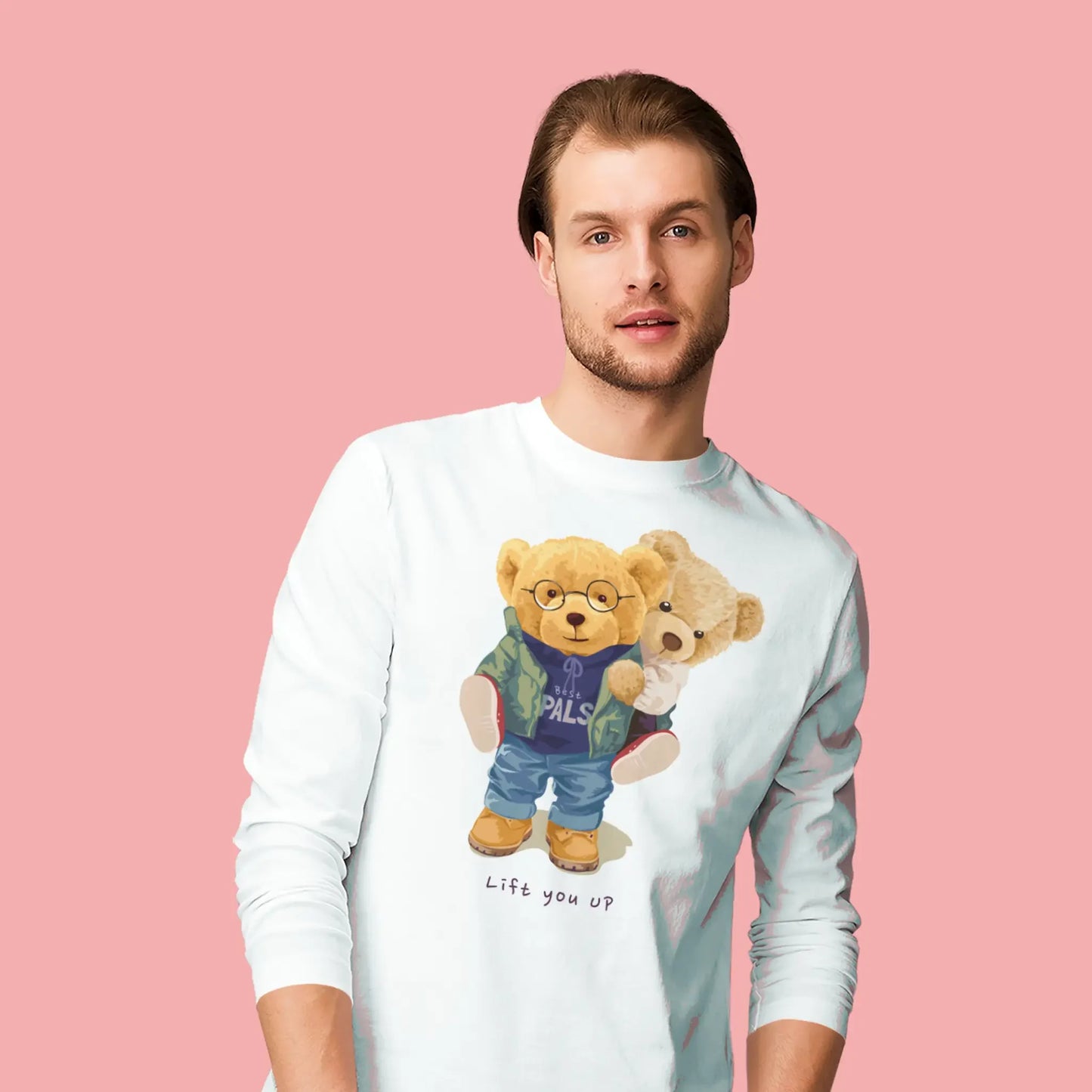 White long sleeve t-shirt with hugging teddy bears on the front – λευκή μακρυμάνικη μπλούζα με δύο αρκουδάκια.