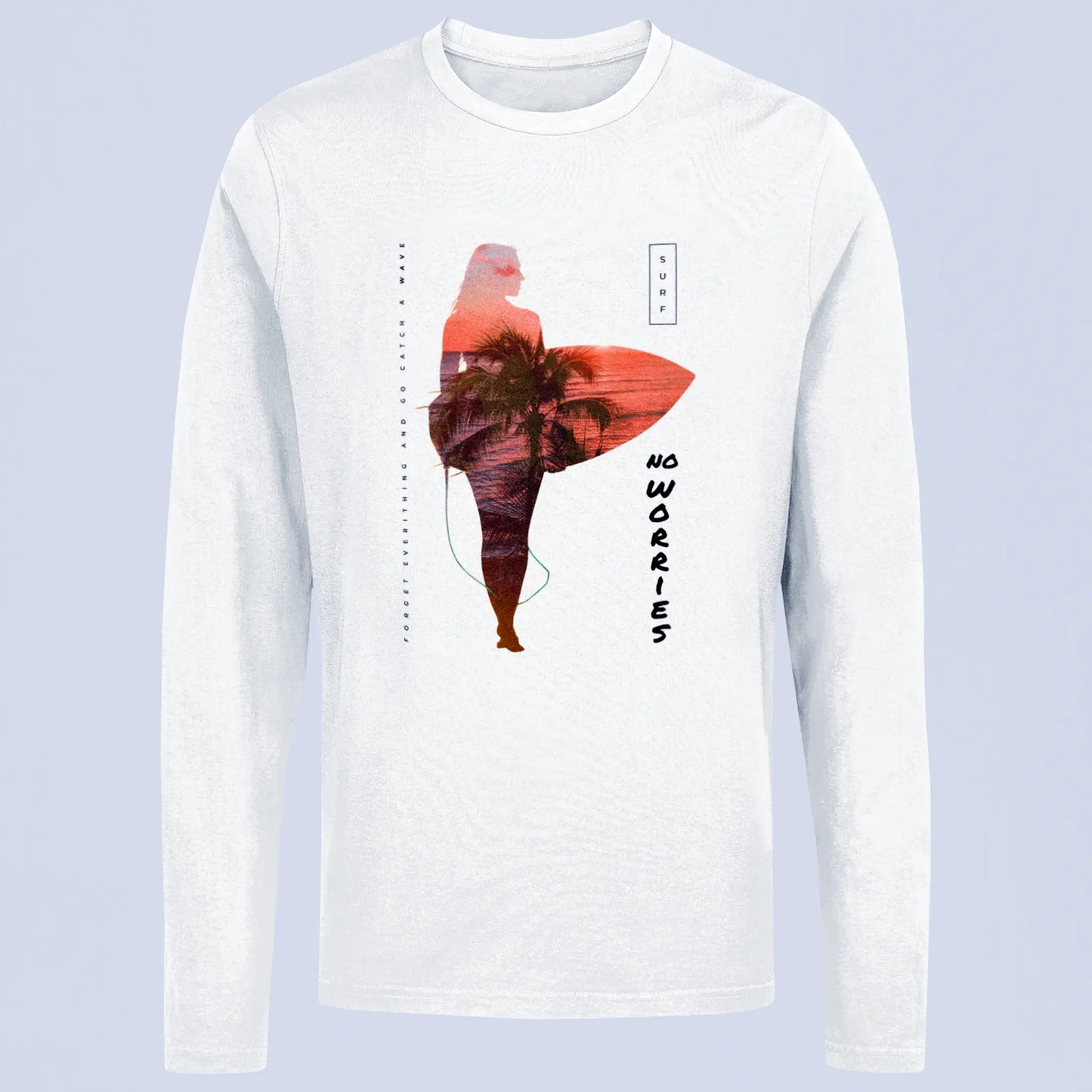 White long sleeve t-shirt with sunset surfer girl and palm trees – Λευκό μακρυμάνικο t-shirt με κορίτσι σέρφερ στο ηλιοβασίλεμα και φοίνικες
