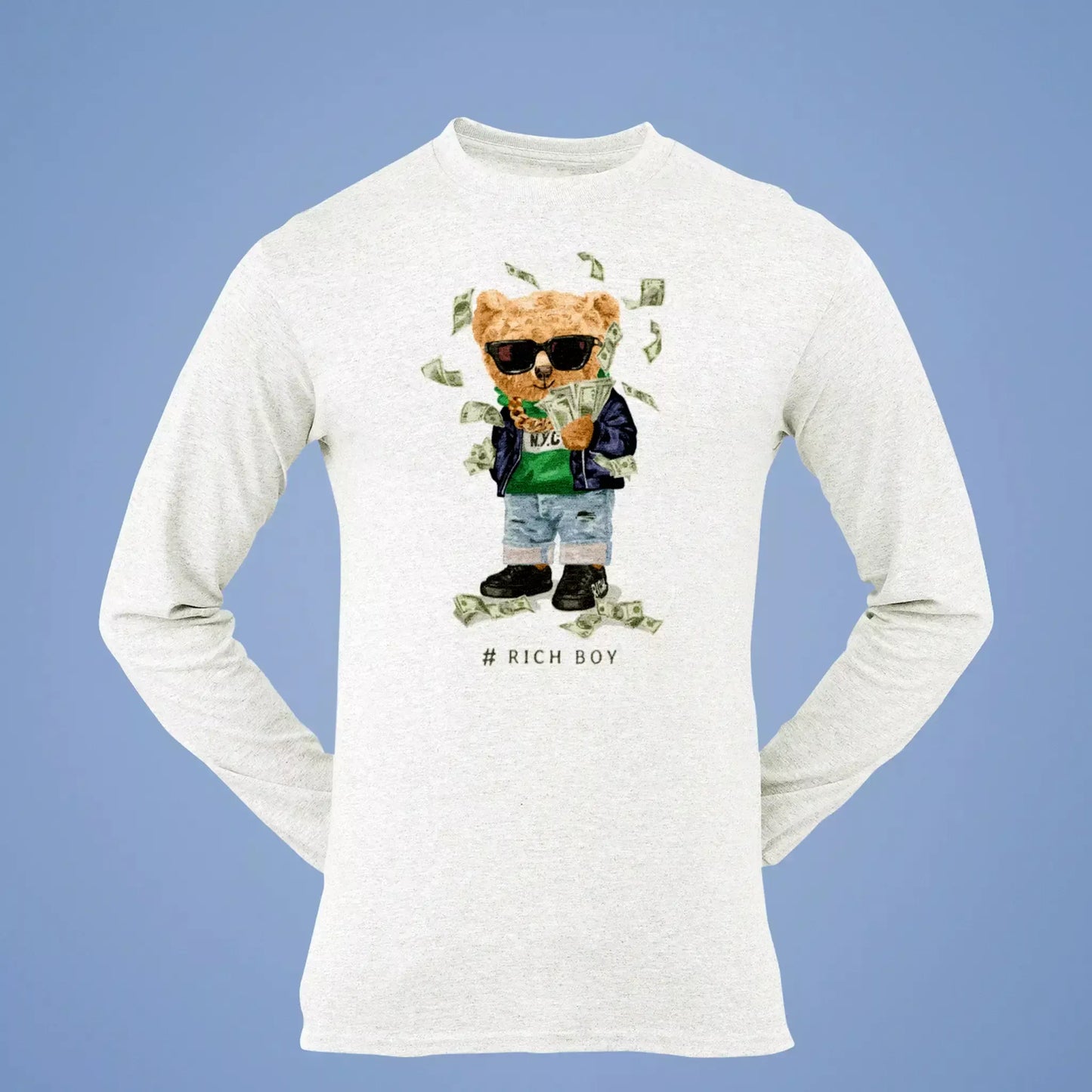 White long sleeve t-shirt with teddy bear holding money gun and wearing shades, perfect for bold everyday looks – Λευκό μακρυμάνικο μπλουζάκι με αρκούδο, money gun και γυαλιά, ιδανικό για τολμηρές εμφανίσεις