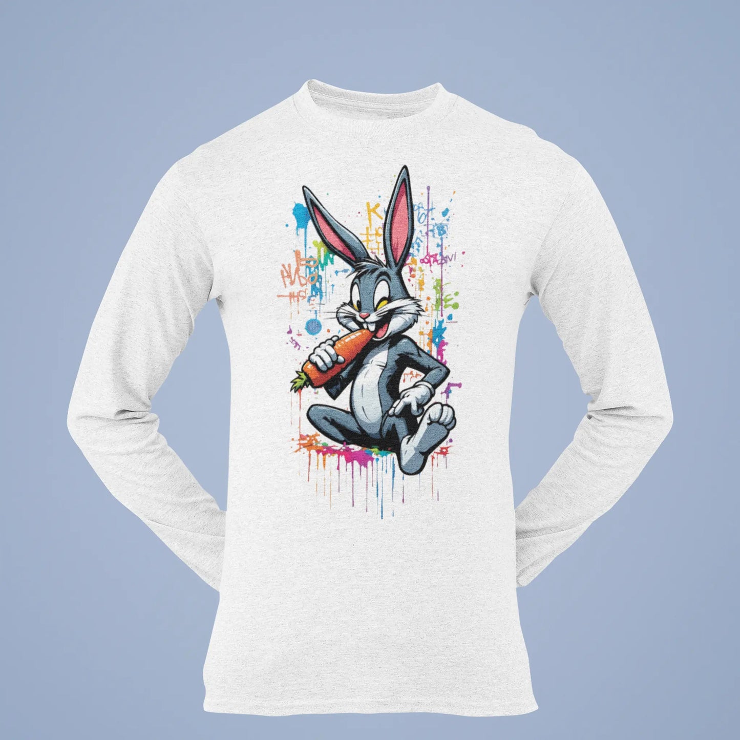 White long sleeve tshirt με τον Bugs Bunny σε στάση street icon και πολύχρωμα tags