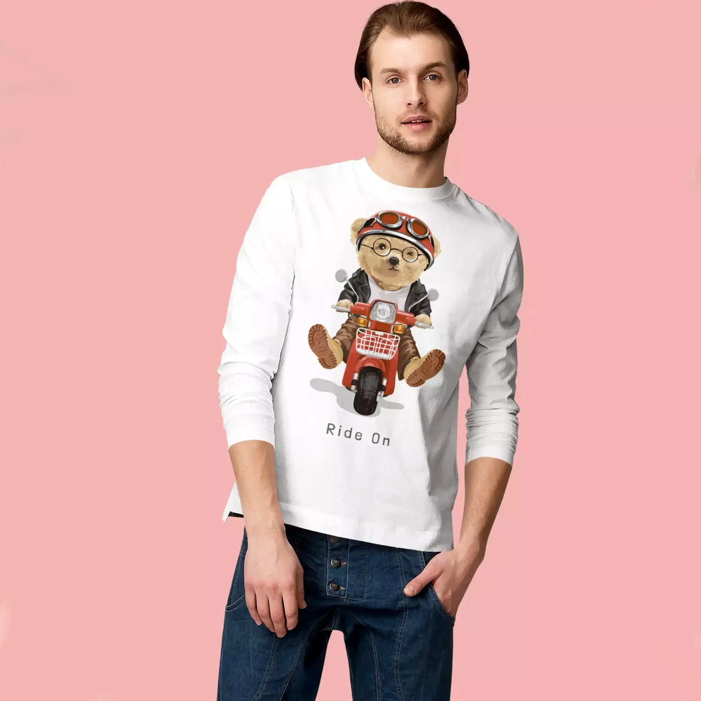 White long sleeve with Ride On teddy print on a red scooter – λευκή μακρυμάνικη με μοτογραφικό teddy design