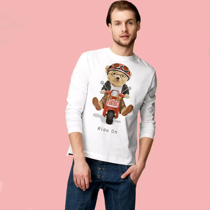 White long sleeve with Ride On teddy print on a red scooter – λευκή μακρυμάνικη με μοτογραφικό teddy design