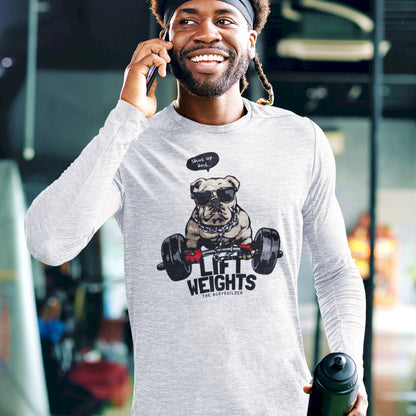 White long sleeve with bulldog lifting barbell – Μακρυμάνικο λευκό με σκύλο και βάρη για lifting mood