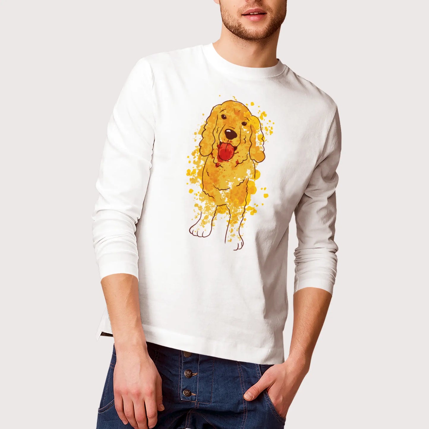 White long sleeve with soft watercolor Cocker Spaniel design for artistic pet lovers — Λευκή μακρυμάνικη με ήρεμο Cocker Spaniel σε υδατογραφία, για καλλιτεχνικούς φιλόζωους.