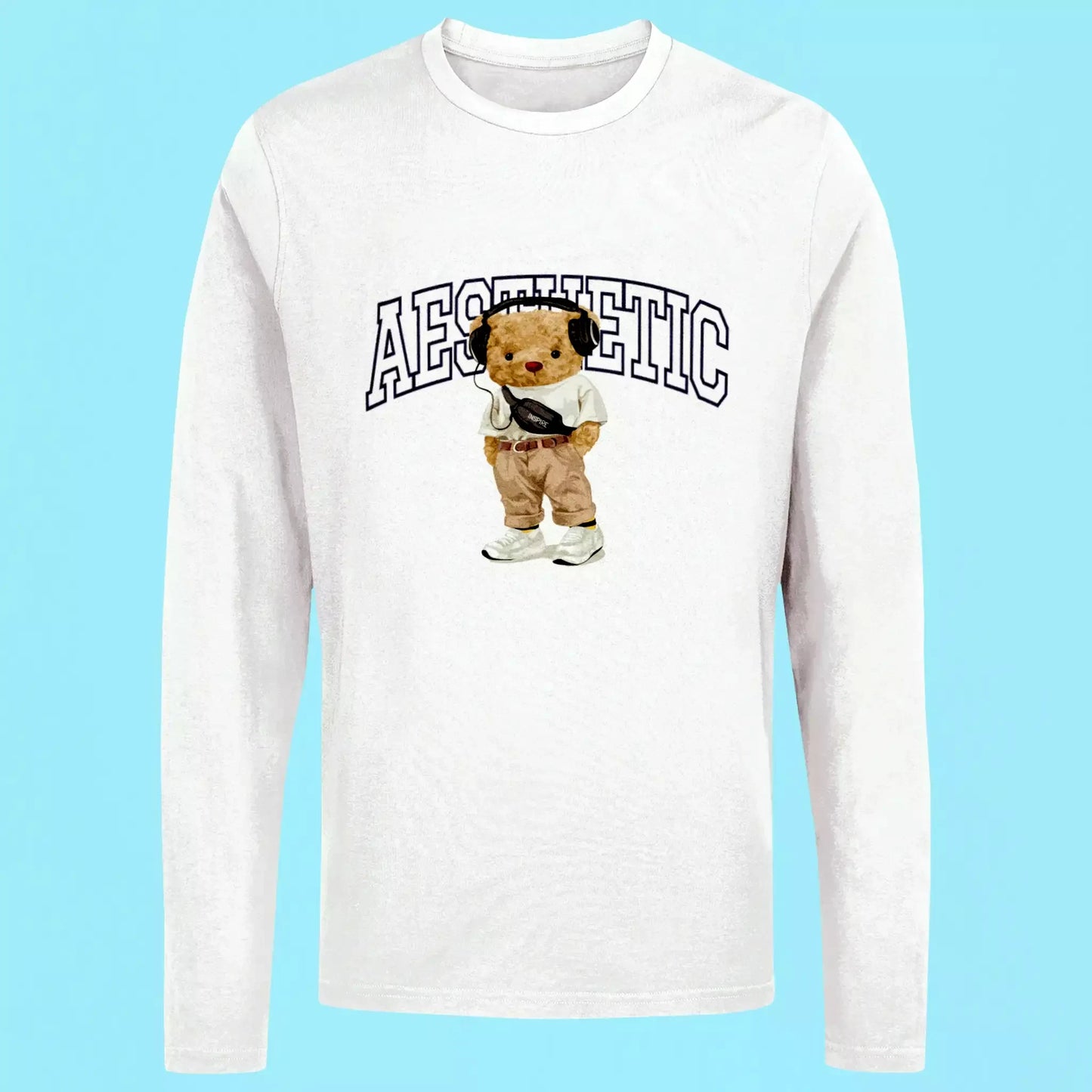 White long sleeve with teddy bear listening to music – Λευκή μακρυμάνικη με αρκουδάκι που ακούει μουσική.