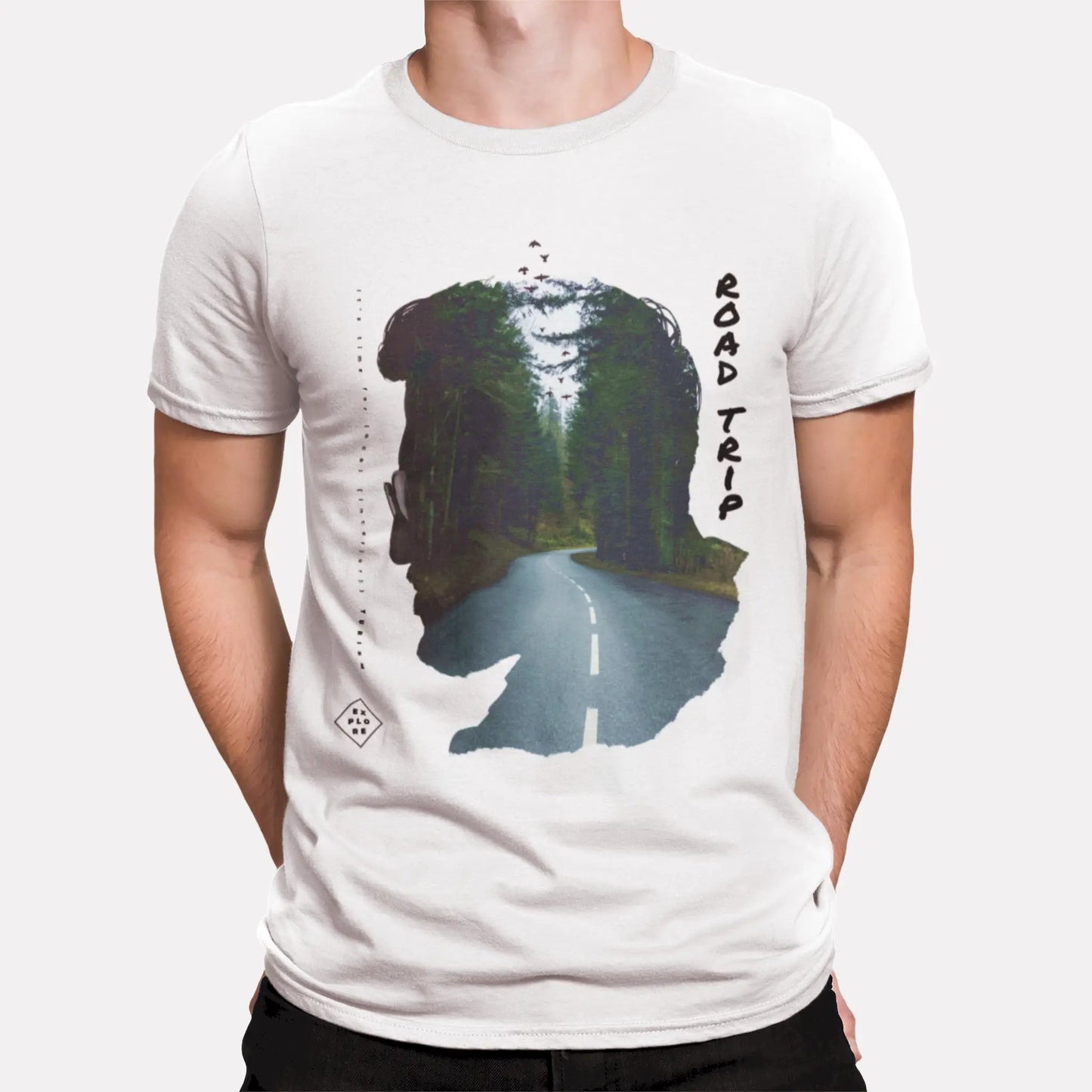 White nature art t-shirt με double exposure forest design - λευκή μπλούζα με φύση για φυσιολάτρες και outdoor enthusiasts