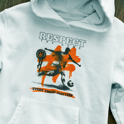 White respect the game hoodie with clean football graphics and warmth confidence - λευκό respect the game φούτερ κουκούλα με εντυπωσιακά ποδοσφαιρικά γραφικά