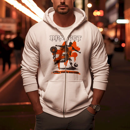 White respect the game zip hoodie with clean football graphics effortless style - λευκή ζακέτα με κουκούλα με εντυπωσιακό γραφικό ποδοσφαίρου