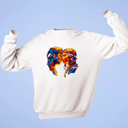 White sweatshirt featuring lovers’ kiss in radiant brushstrokes – Λευκό φούτερ με φιλί εραστών σε λαμπερές πινελιές.