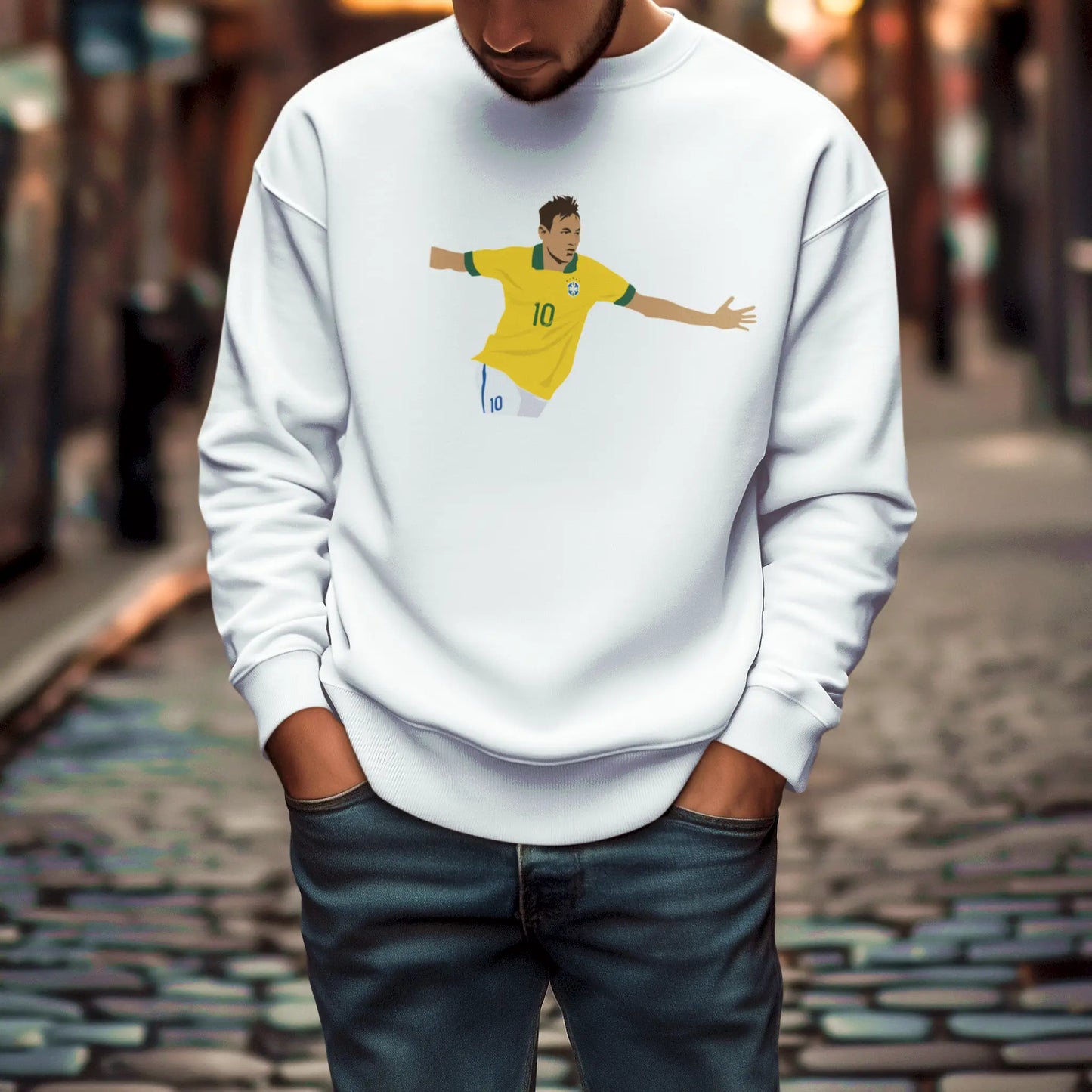 White sweatshirt showcasing Neymar Jr. in clean graphic vector style. | Λευκό φούτερ με καθαρό vector στυλ πορτραίτου Neymar Jr.