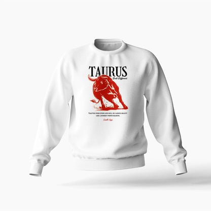 White sweatshirt with Taurus bull graphic, crisp bold lines – Λευκό φούτερ με σχέδιο ταύρου και καθαρές έντονες γραμμές.