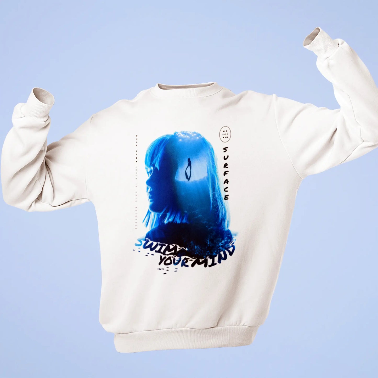 White sweatshirt with artistic deep dive and surface-themed design | Λευκό φούτερ με καλλιτεχνικό σχέδιο κατάδυσης και ανάδυσης