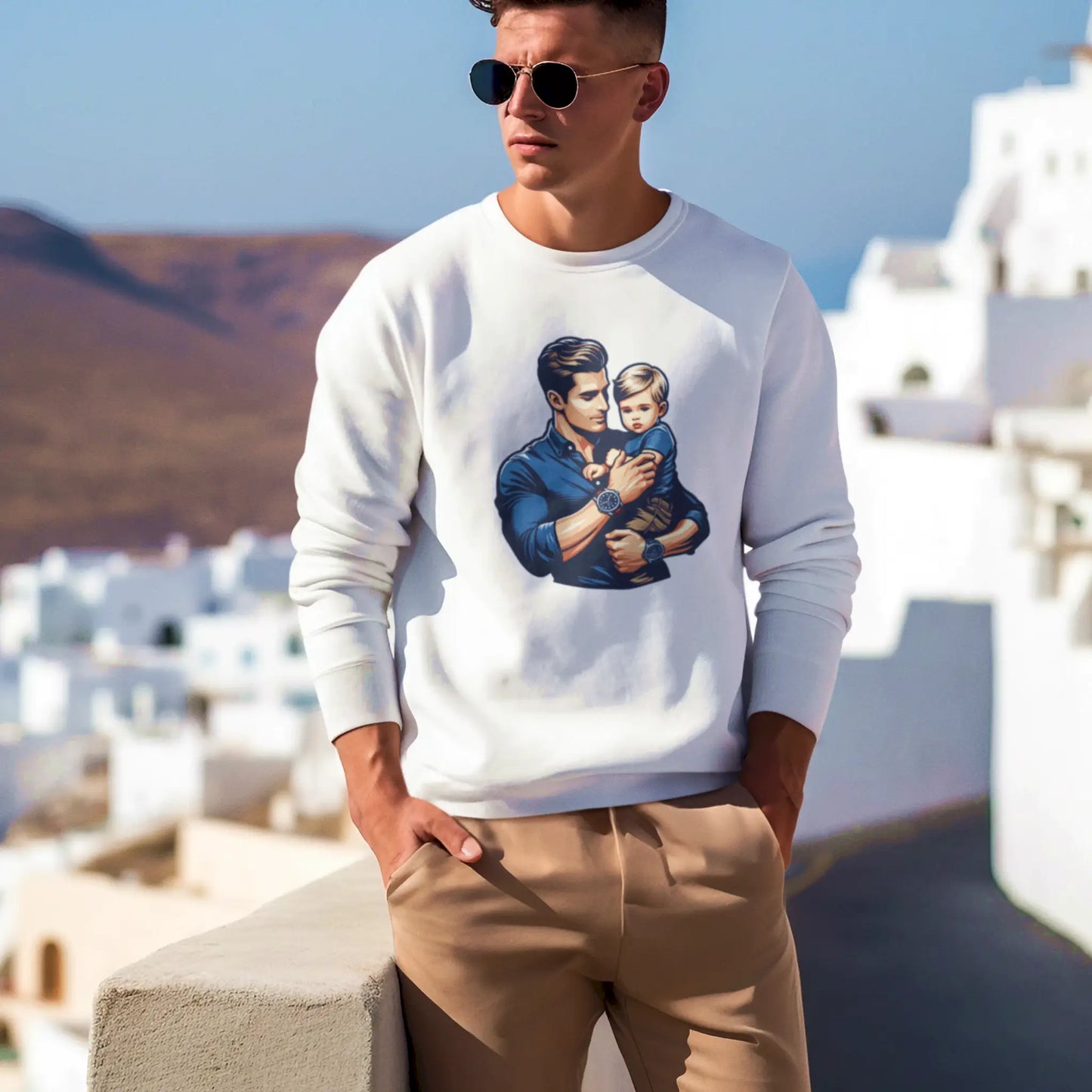 White sweatshirt with father holding son, heartwarming design – Λευκό φούτερ με μπαμπά που κρατά τον γιο, συγκινητικό σχέδιο