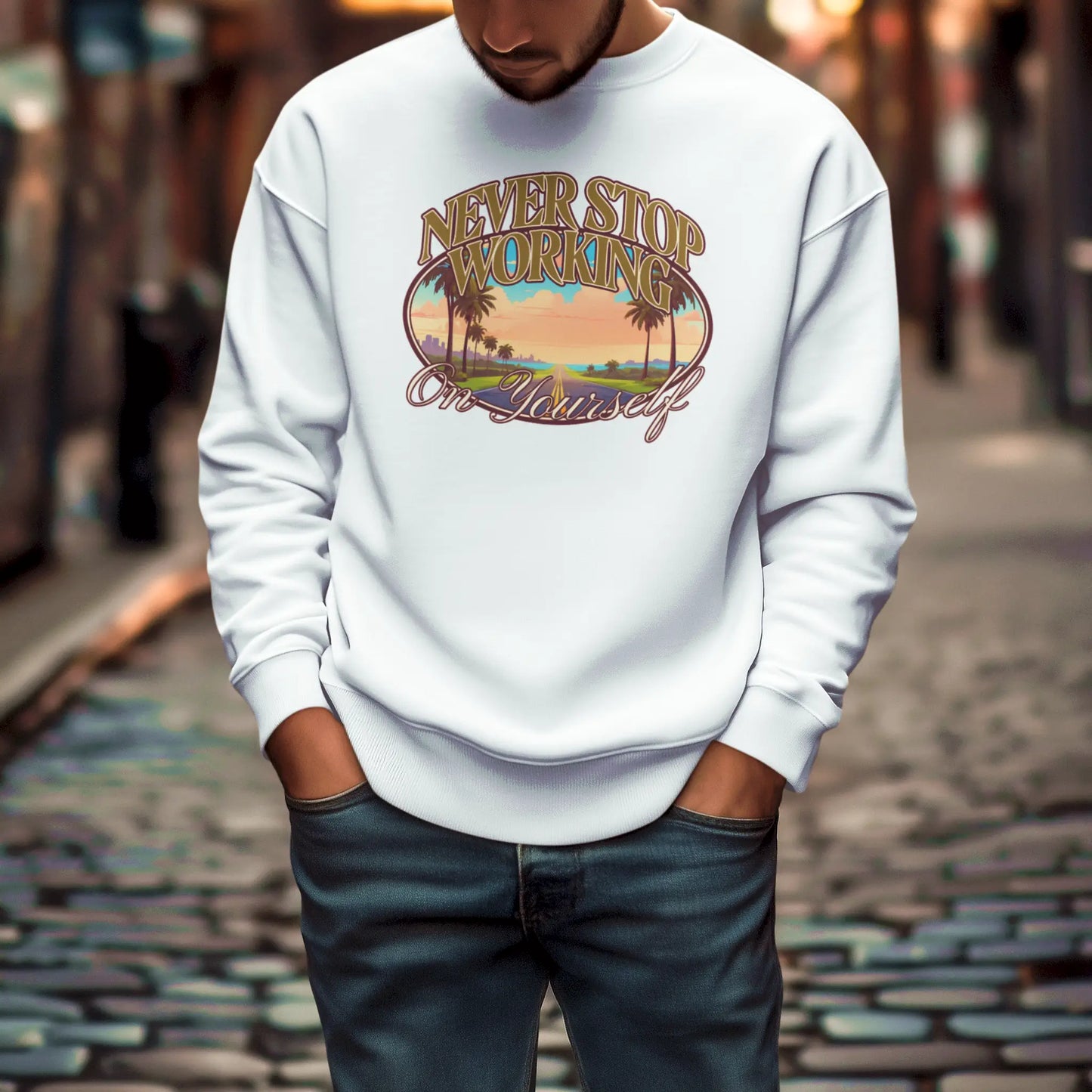 White sweatshirt with never stop growing theme – Λευκό φούτερ με θέμα “ποτέ μην σταματάς να εξελίσσεσαι”